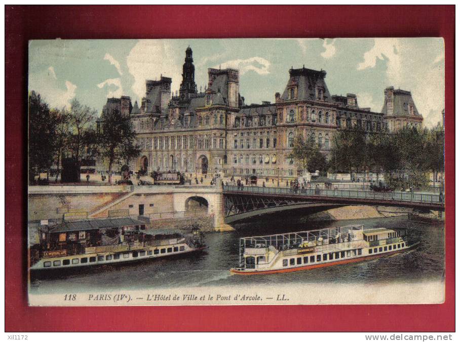 P786 Péniches Sur La Seine Devant Hôtel De Ville Et Pont D'Arcole Paris.Cachet 1910 Vers La Suisse. - Péniches