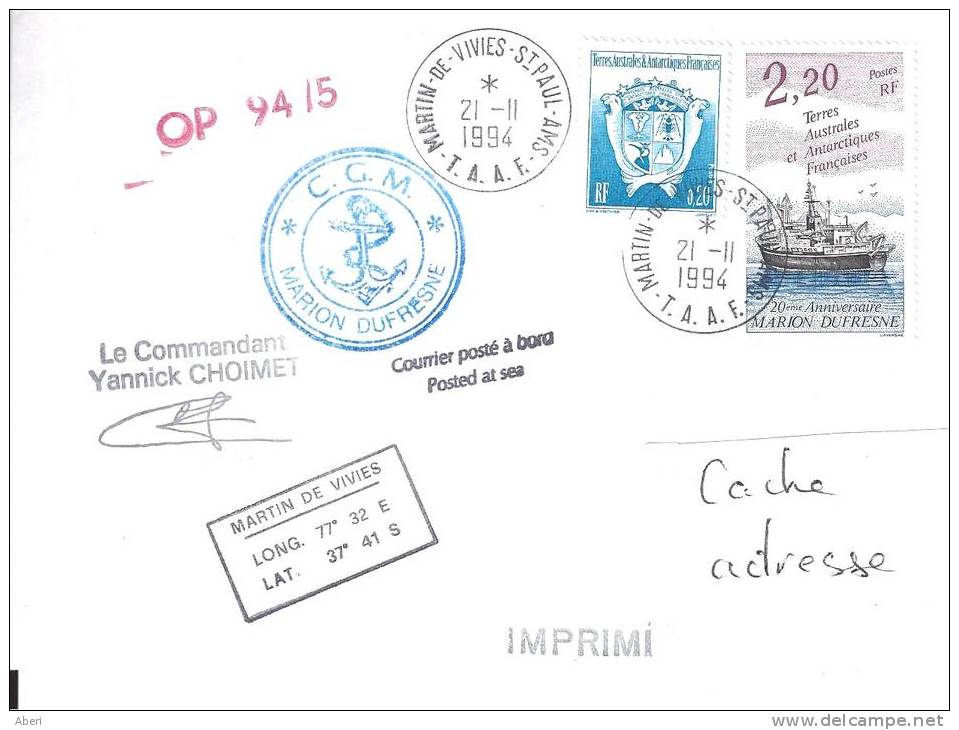 8289  MARION DUFRESNE - OP 94-5 - St PAUL&AMSTERDAM - Lettres & Documents