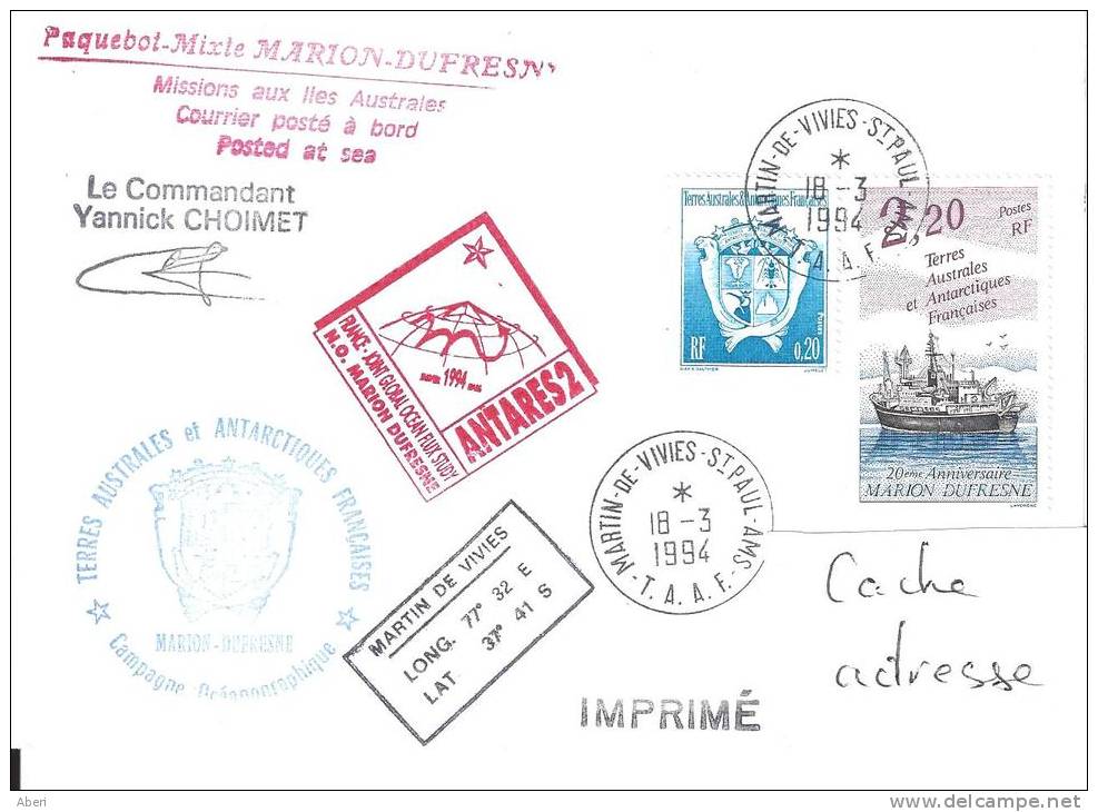 8292  MARION DUFRESNE - ANTARES 2 - St PAUL&AMSTERDAM - Lettres & Documents