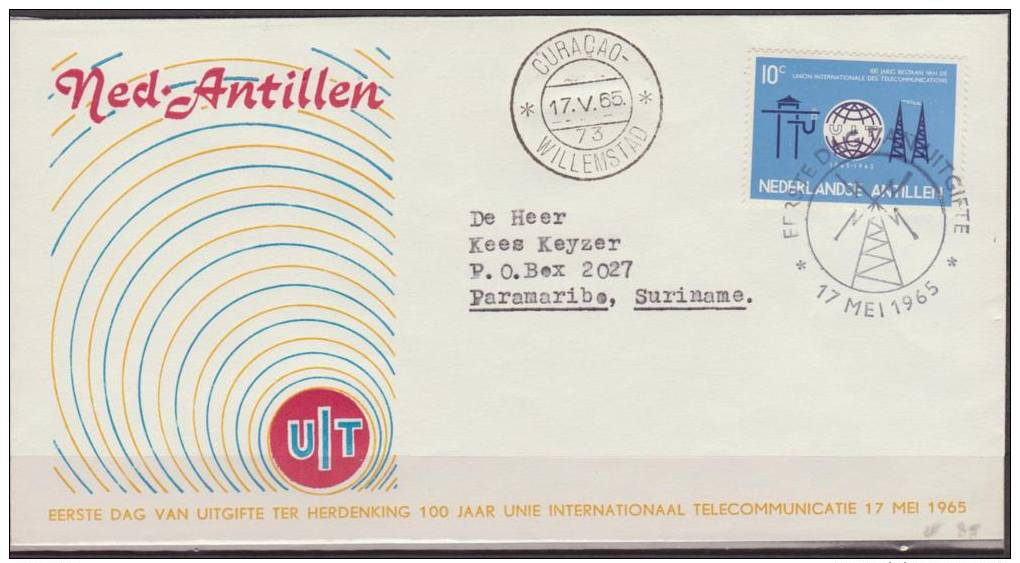 Nederlandse Antillen, 1965, 100 Years UIT, Telecommunications, E35, FDC - Telecom