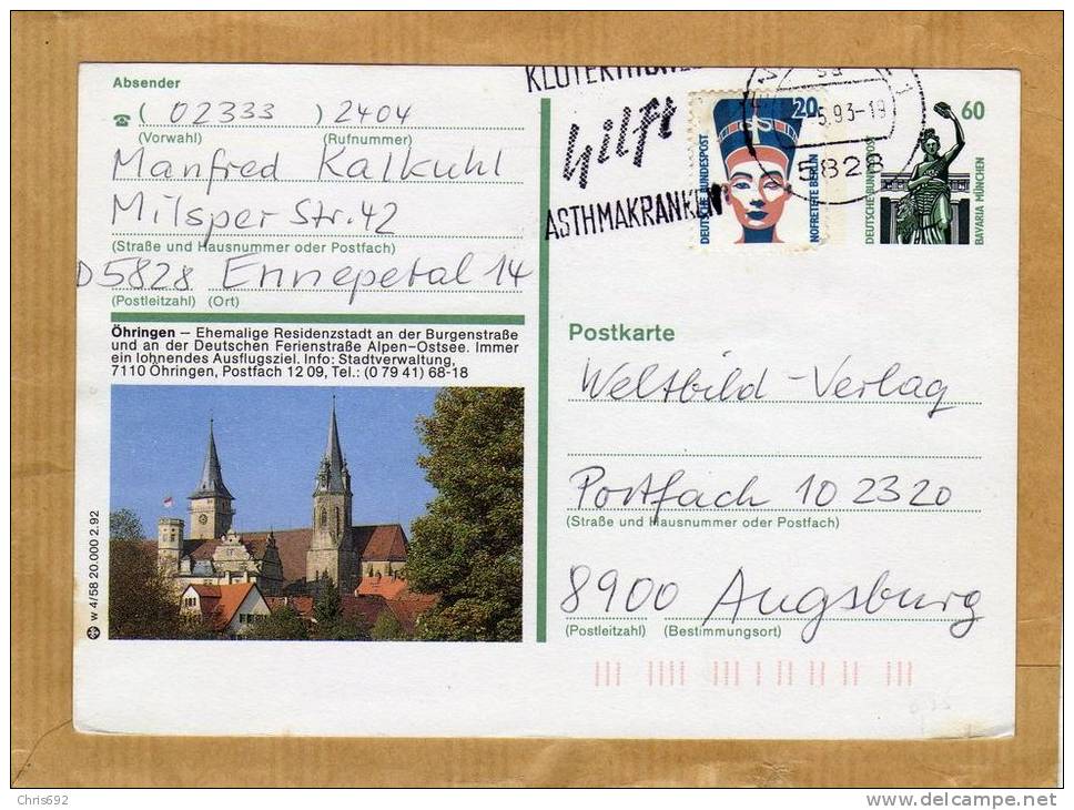 Carte Entier Postal Oehringen  Ohringen Ennepetal Augsburg - Oehringen