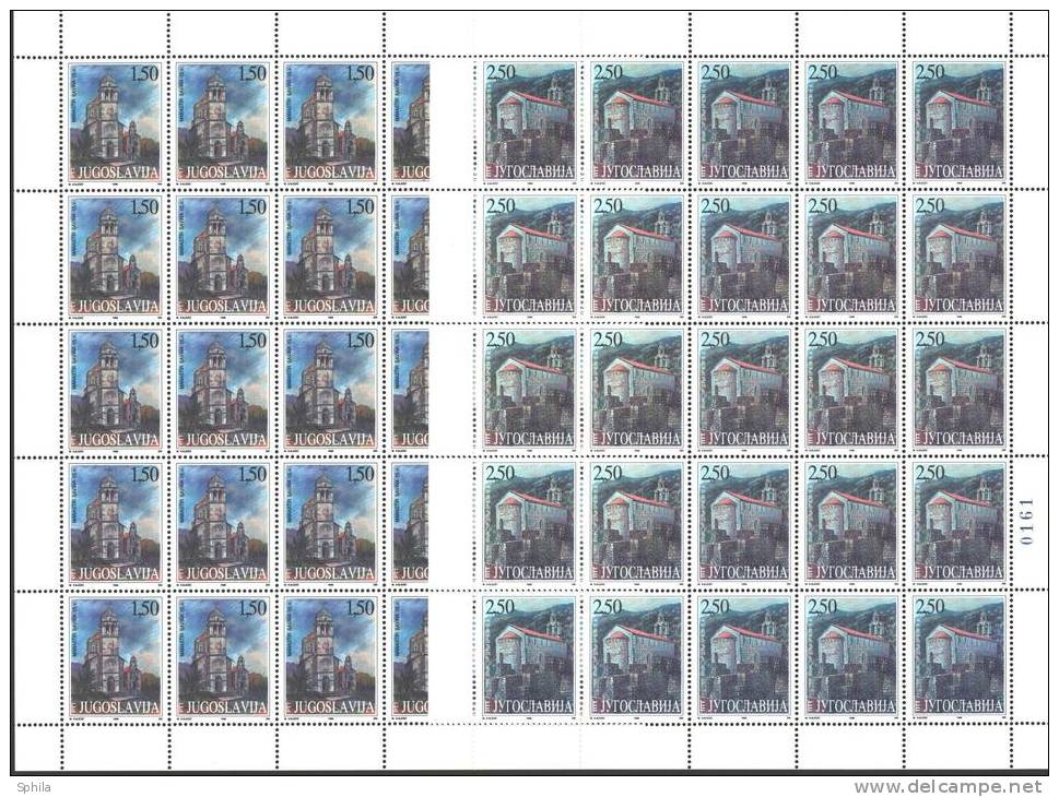 Yugoslavia 1998 Monasteries In Montenegro Sheets MNH, 2 X; Hidden Mark ("engraver") In The Position #7 Of The 2.50 D Sh - Neufs