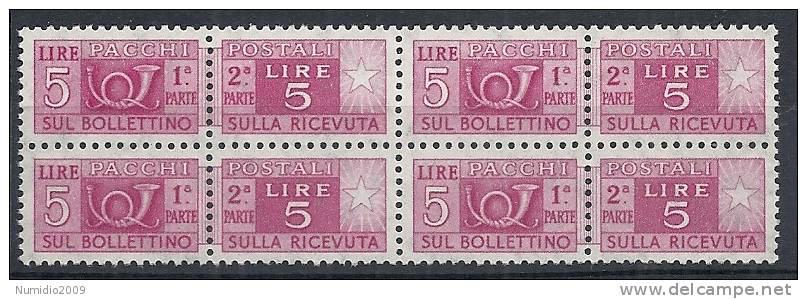 1955-79 ITALIA PACCHI POSTALI 5 LIRE QUARTINA MNH ** - RR10421 - Postpaketten