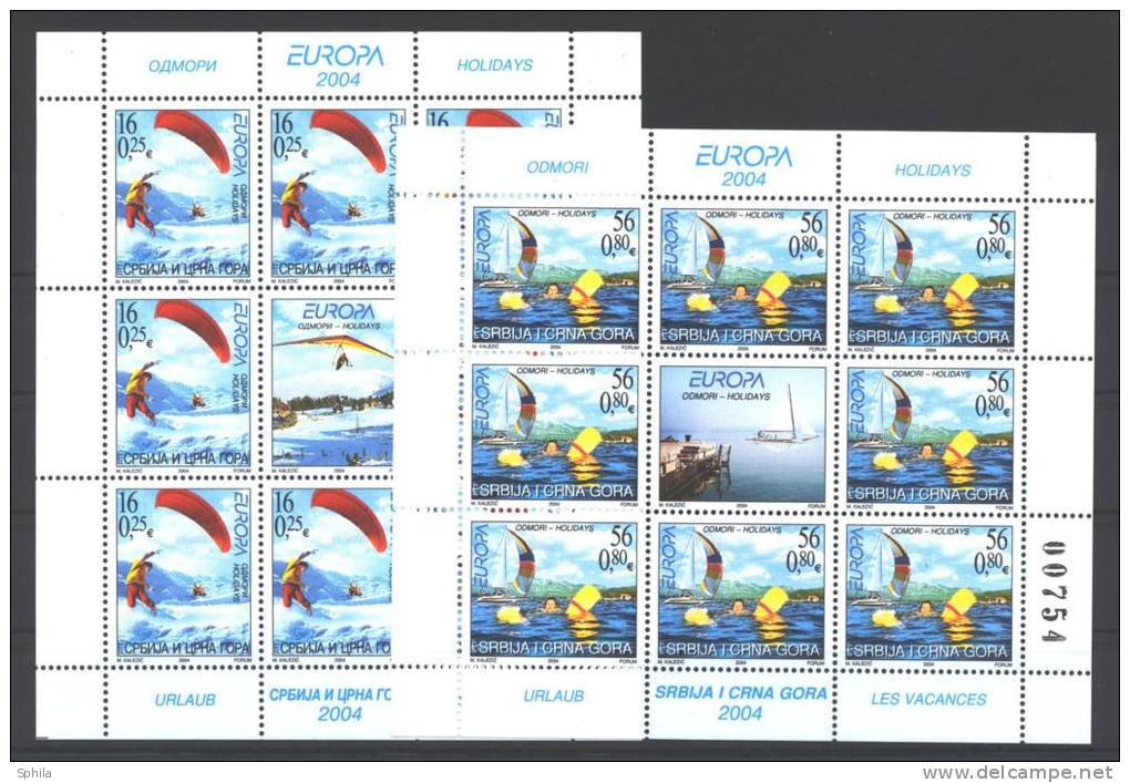 Jugoslawien – Yugoslavia 2004 Europa CEPT Mini Sheets Of 8 + Label MNH, 2 X; Michel # 3196-97 - Hojas Y Bloques