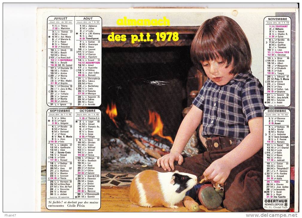 Almanach Des PTT 1978  "petite Fille Et Ses Chats / Petit Garçon Et Son Hamster" Cheminée, Carotte OBERTHUR - Grossformat : 1971-80