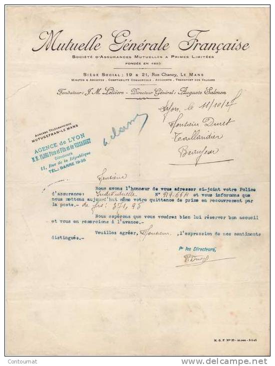 69 LYON FACTURE  MUTUELLE GENERALE FRANCAISE 1927 - V24 - Bank & Insurance