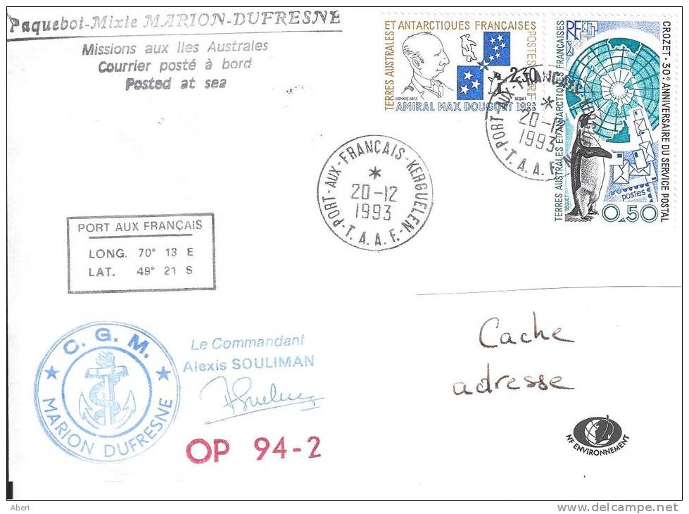 8311  MARION DUFRESNE - OP 94-2 - KERGUELEN- 20-12-1993 - Covers & Documents