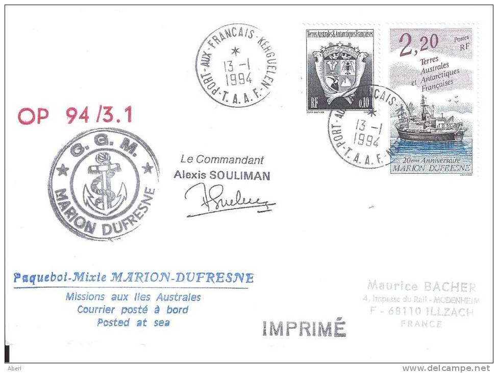 8316  MARION DUFRESNE - OP 94-3.1 - KERGUELEN - 13-1-1994 - Lettres & Documents