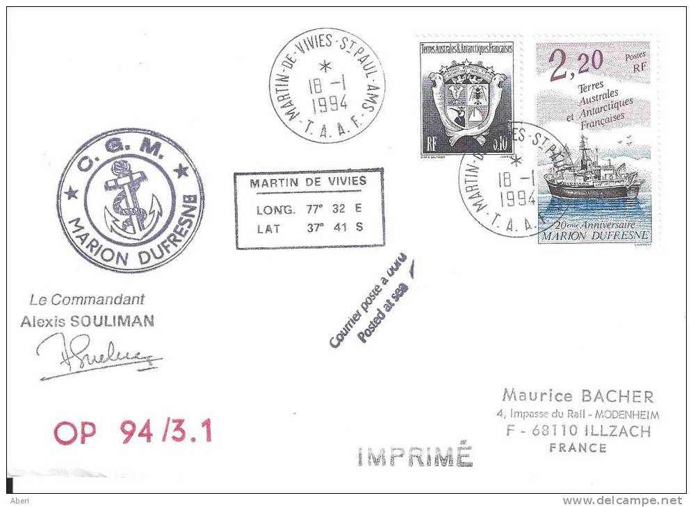 8317  MARION DUFRESNE - OP 94-3.1 - St PAUL&AMSTERDAM - 18-1-1994 - Lettres & Documents