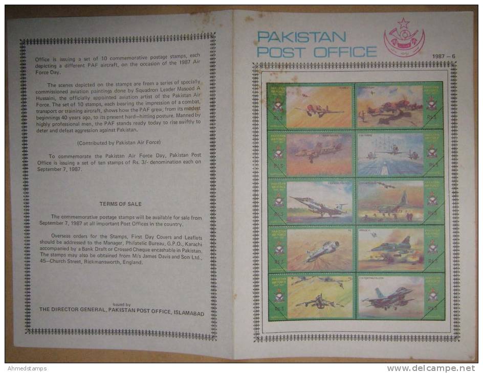 PAKISTAN MNH 1987 BROCHURE LEAFLET AIR FORCE DAY AIRFORCE FIGHTER JETS/ JET HAWKER FURY LOCKHEED SABRE HERCULES FALCON - Pakistán