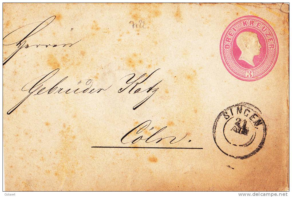 7122# BADE Ganzsachen-Ausschnitt 3 Kr. Rosa Auf Brief  SINGEN Nach CÖLN COELN DEUTSCHLAND ALLEMAGNE ENTIER POSTAL - Postal  Stationery