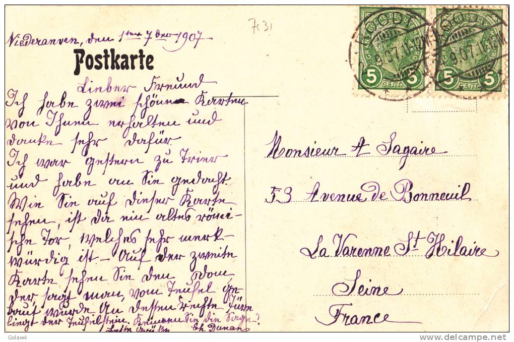 7131# LUXEMBOURG ADOLPHE / CARTE POSTALE Datée NIEDERANVEN Obl ROODT 1907 Pour LA VARENNE ST HILAIRE SEINE - 1895 Adolfo Di Profilo