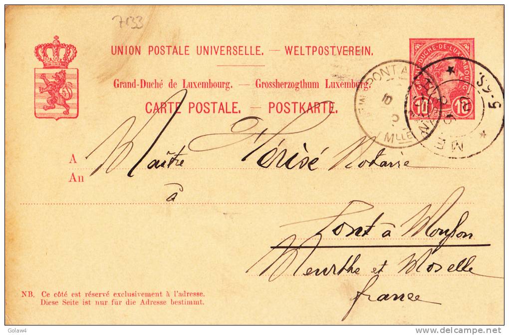 7133# LUXEMBOURG ADOLPHE / CARTE POSTALE ENTIER Obl MERSCH 1902 Pour PONT A MOUSSON MEURTHE ET MOSELLE - 1895 Adolphe Right-hand Side