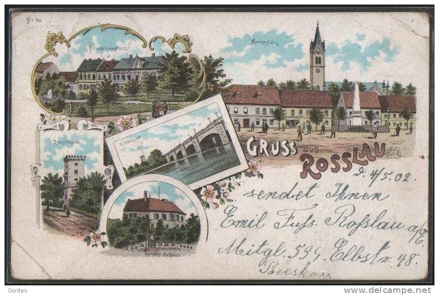 Germany  - Gruss Aus  Rosslau - Litho - Markt Platz - Brucke - Schloss - Rosslau