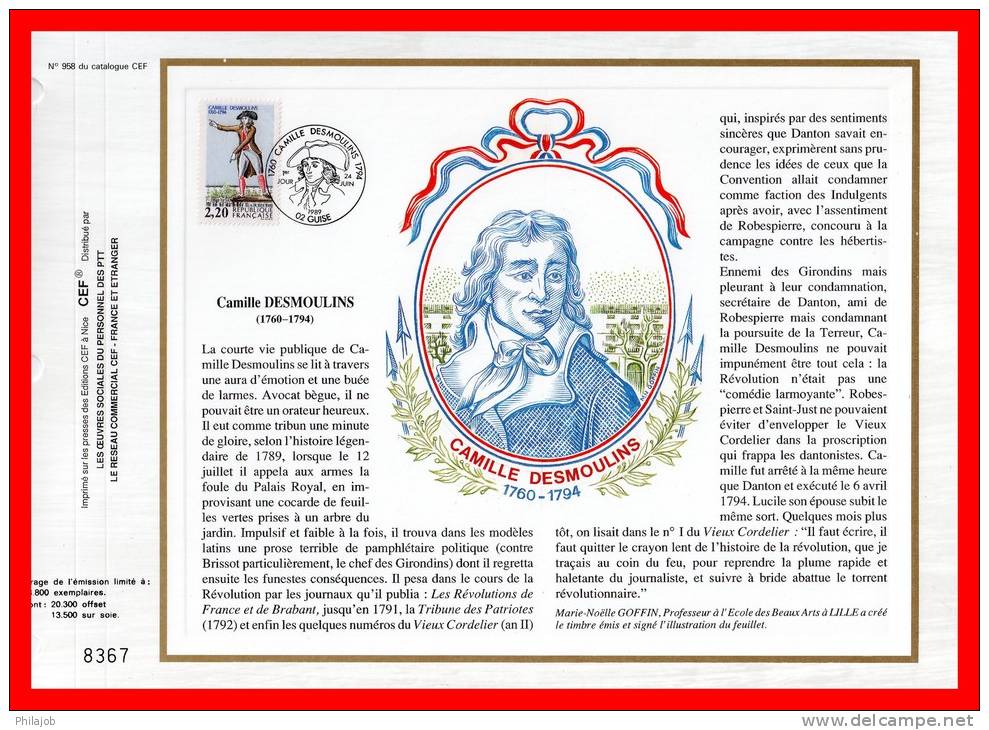 CEF 1° Jour N°té De 1989 N° 958 " CAMILLE DESMOULIS " N° YT 2594 + Prix Dégressif. - Rivoluzione Francese