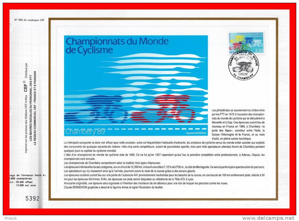 CEF 1° Jour N°té De 1989 N° 954 " CHAMPIONNATS DU MONDE DE CYCLISME A CHAMBERY " N° YT 2590 + Prix Dégressif. - Ciclismo