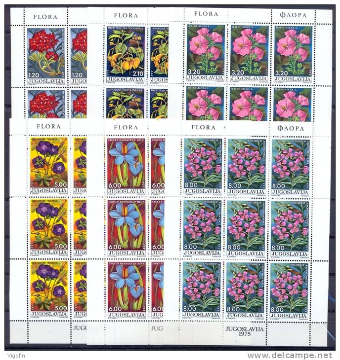 YU 1975-1601-6 FLOWERS, YUGOSLAVIA, 6MS, MNH - Blocks & Kleinbögen