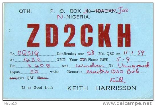 CARTE QSL CARD 1959 RADIOAMATEUR HAM RADIO ZD-2 JOS NIGERIA BRITISH COLONIES BRITANNIQUES - Nigeria