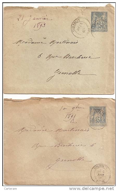 Entiers Postaux  Lot De 2 Lettres Entiers Postaux Type Sage 15 Bleu 1891, Corbelin Pour Grenoble ( 38-isère) - Verzamelingen En Reeksen: PAP