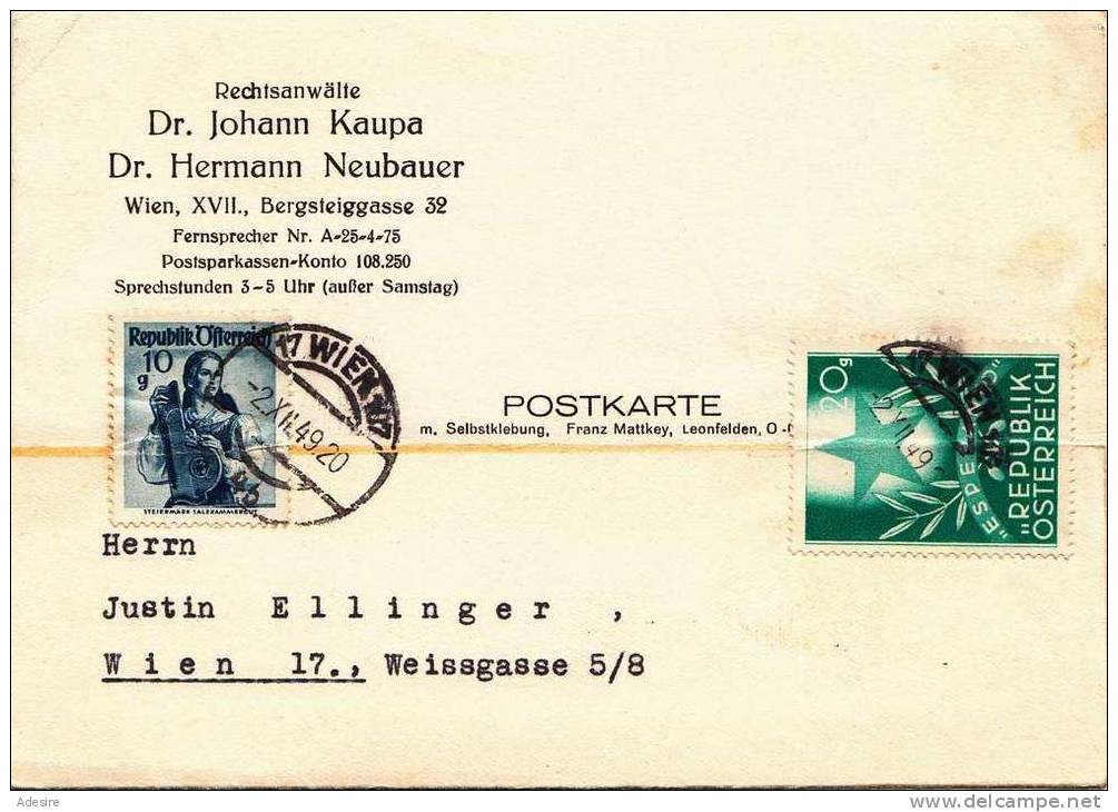 1949, Österr., Kartenbrief Mit Verschluss Frankierung, 10+20 Gro (10Gro Marke Beschädigt) - Covers & Documents
