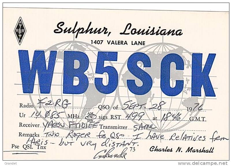 CARTE RADIO QSL - U.S.A.- LOUISIANNE - SULPHUR - 1976. - Radio Amateur