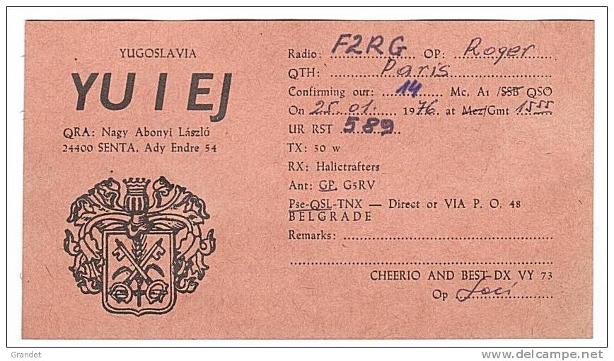 CARTE RADIO QSL - YOUGOSLAVIE - SENTA - 1976. - Radio Amateur