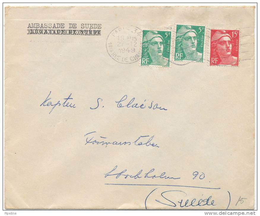 France Cover Sent To Sweden Paris 27-12-1949 - Covers & Documents