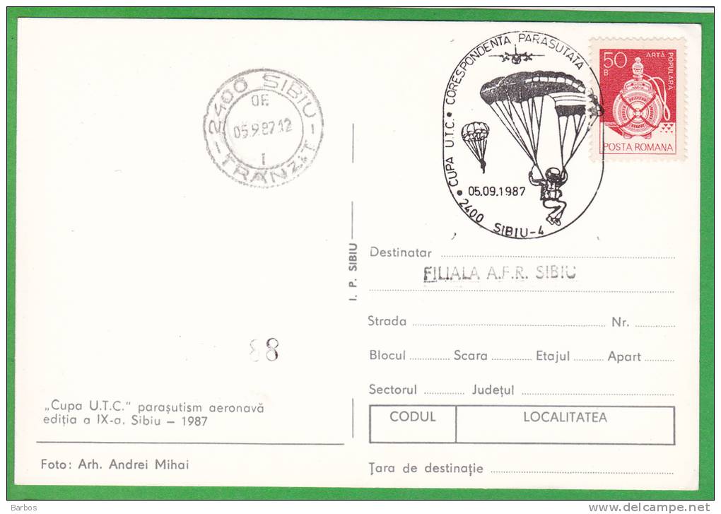 Romania . Parachutting ; Correspondence Parachuted ;. Maximum Card ; 1987 ; Special Cancell. - Parachutisme