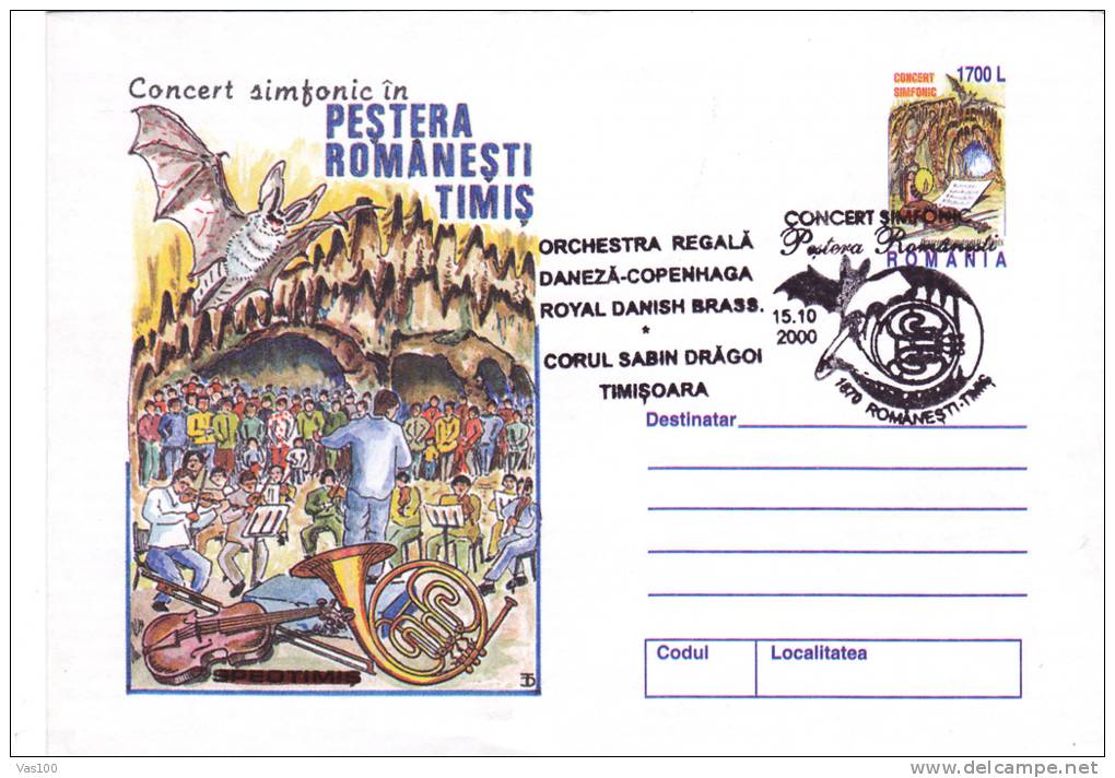 BAT, CONCERT IN CAVE, 2000, COVER STATIONERY, ENTIER POSTAL, OBLITERATION CONCORDANTE, ROMANIA - Chauve-souris