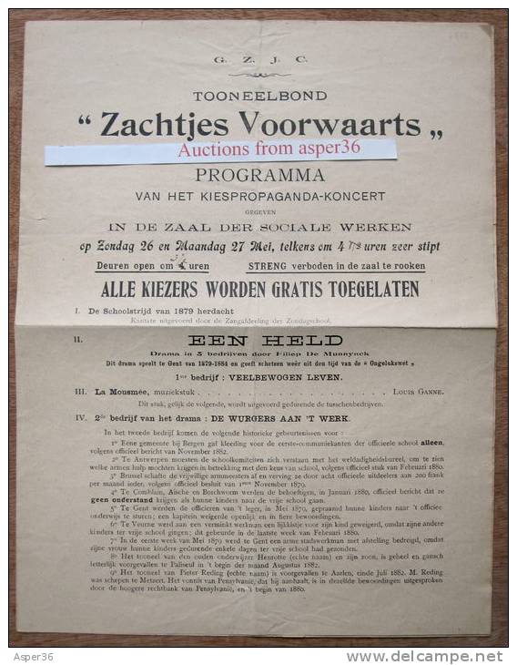 Programma Toneelbond "Zachtjes Voorwaarts" Schoolstrijd, Zaal Sociale Werken, Gent 1912 - Collezioni