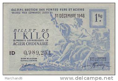 BILLET O.C.R.P.I. SECTION DES FONTES FERS ET ACIERS ID 0,989,251 31 DECEMBRE 1948 CHAMBRE DES METIERS Sans Cachet Dos - Bons & Nécessité