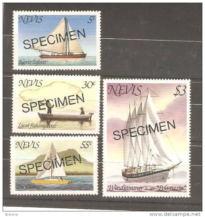 Nevis 1980 Ships And Boats Set (4) MNH Overprinted Specimen Diagonally - St.Kitts And Nevis ( 1983-...)