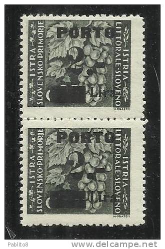 ISTRIA E LITORALE SLOVENO 1946 SEGNATASSE SOPRASTAMPATI PORTO L. 2 SU 0,25 MNH II-III TASSELLO IN COPPIA CODA CURVA - Jugoslawische Bes.: Slowenische Küste