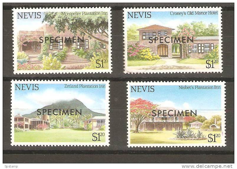 Nevis 1985  Tourism Hotel Scenes Set (4) MNH Overprinted Specimen - St.Kitts And Nevis ( 1983-...)