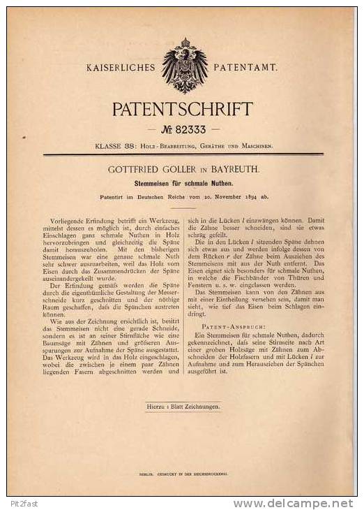 Original Patentschrift - G. Goller In Bayreuth , 1894 , Stemmeisen Für Nuthen , Werkzeug !!! - Antike Werkzeuge