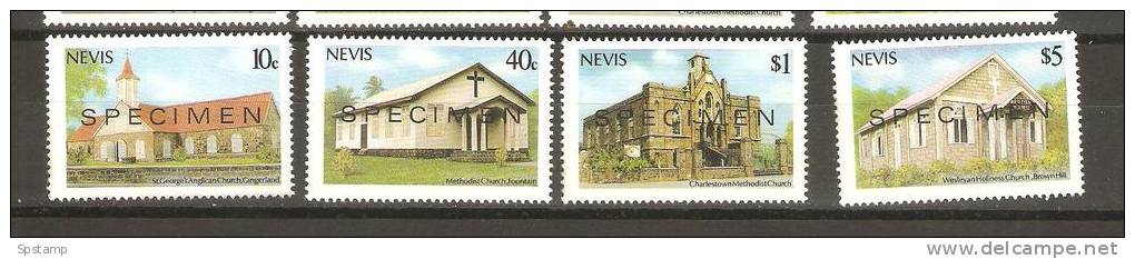 Nevis 1986 Christmas Church Scenes Set 4 MNH Specimen Overprints - St.Kitts En Nevis ( 1983-...)