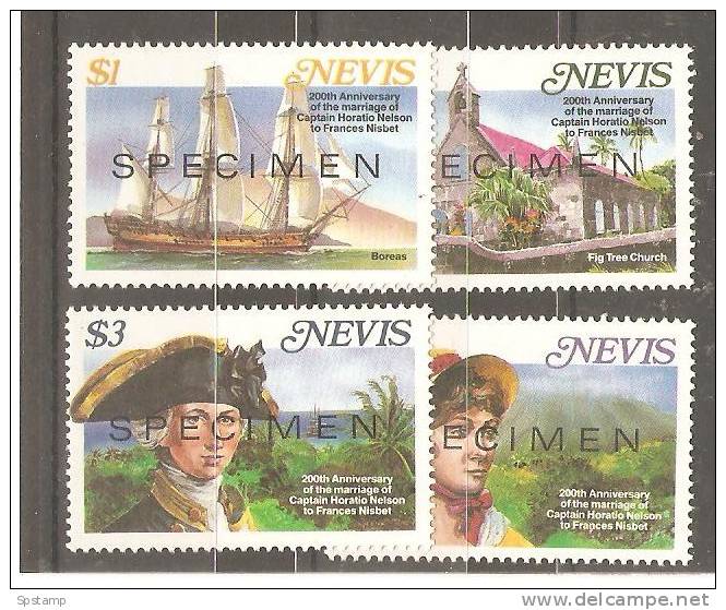 Nevis 1987 Captain Horatio Nelson Marriage Set 4 MNH Specimen Overprint - St.Kitts And Nevis ( 1983-...)