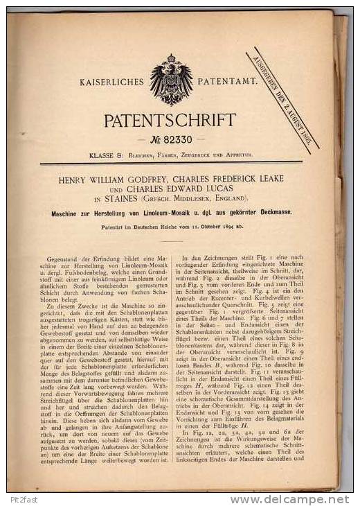 Original Patentschrift - Ch. Lucas In Staines , 1894 , Linoleum - Mosaik - Machine !!! - Architecture