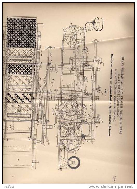 Original Patentschrift - Ch. Lucas In Staines , 1894 , Linoleum - Mosaik - Machine !!! - Architecture