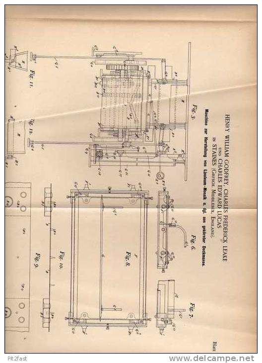 Original Patentschrift - Ch. Lucas In Staines , 1894 , Linoleum - Mosaik - Machine !!! - Architektur