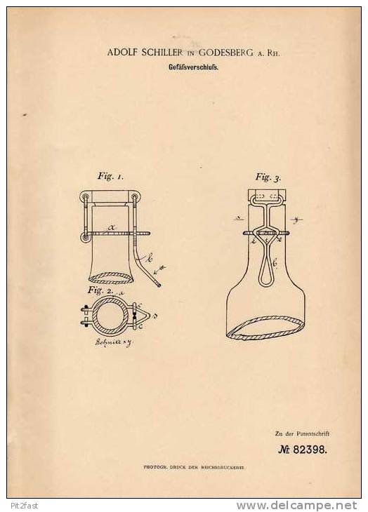 Original Patentschrift - A. Schiller In Godesberg A.Rh., 1894 , Verschluß Für Flaschen , Gefäße !!! - Glas & Kristall