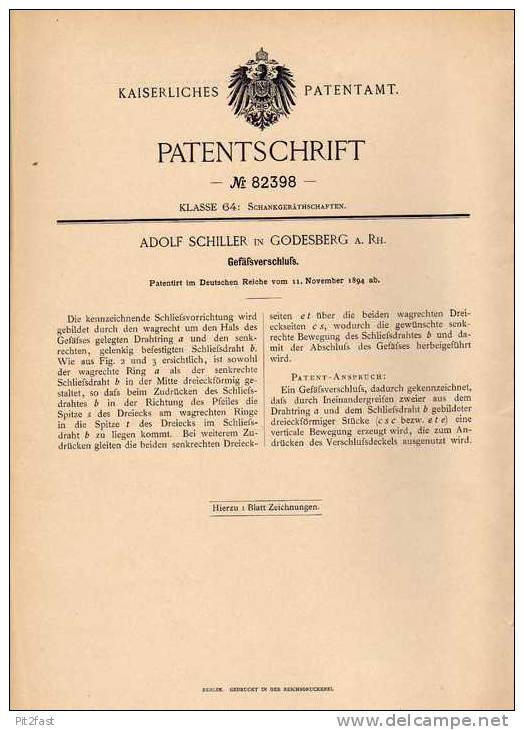 Original Patentschrift - A. Schiller In Godesberg A.Rh., 1894 , Verschluß Für Flaschen , Gefäße !!! - Glass & Crystal