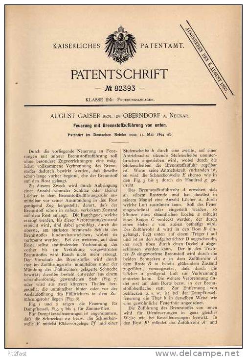 Original Patentschrift - A. Gaiser In Oberndorf A. Neckar , 1894 , Feuerung , Heizung , Ofen , Kamin !!! - Architecture