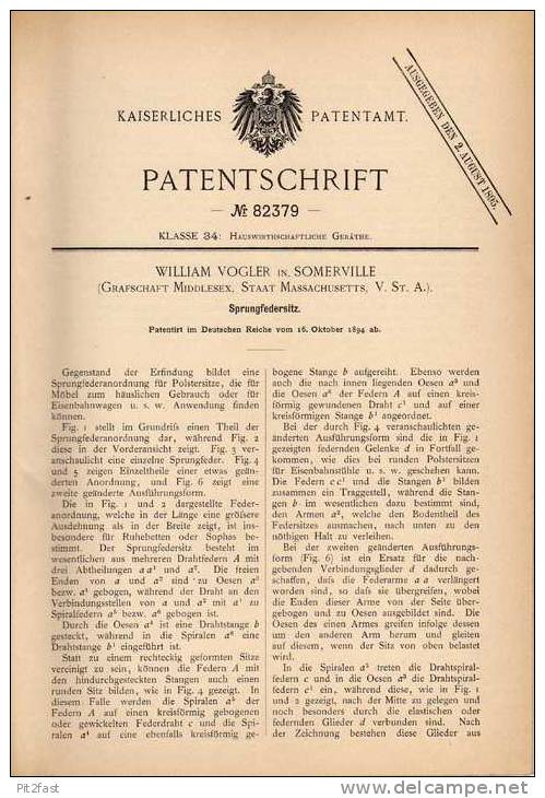 Original Patentschrift - W. Vogler In Somerville , 1894 , Sitz Mit Sprungfeder , Sessel !!! - Other & Unclassified
