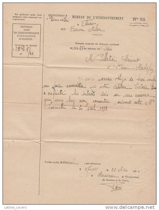 Cachet "ENREGISTREMENT ANET" EURE ET LOIR Sur Formule Bureau De L'enregistrement - 1944 Lettre Franchise - Cartas & Documentos