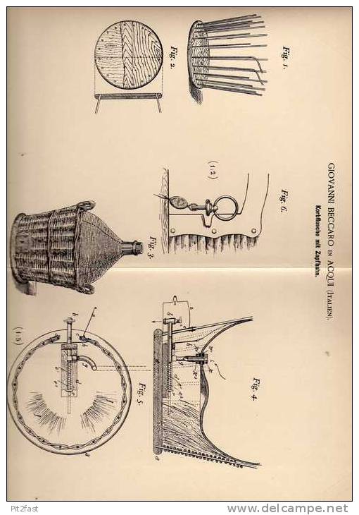 Original Patentschrift - G. Beccaro In Acqui , Italien , 1894 , Korbflasche Mit Zapfhahn , Flasche !!! - Glas & Kristall