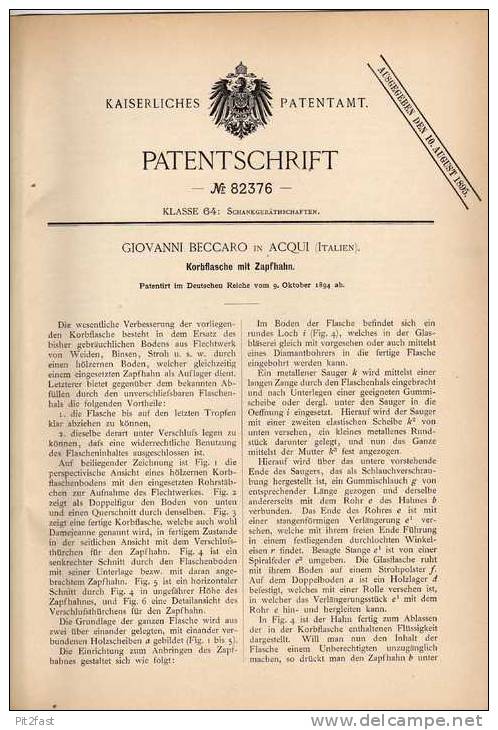 Original Patentschrift - G. Beccaro In Acqui , Italien , 1894 , Korbflasche Mit Zapfhahn , Flasche !!! - Glas & Kristall