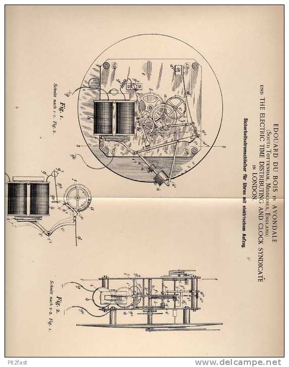 Original Patentschrift - E. Du Bois In Avondale Und London , 1894 , Uhr Mit Elektrischem Aufzug , Clock !!! - Sonstige & Ohne Zuordnung