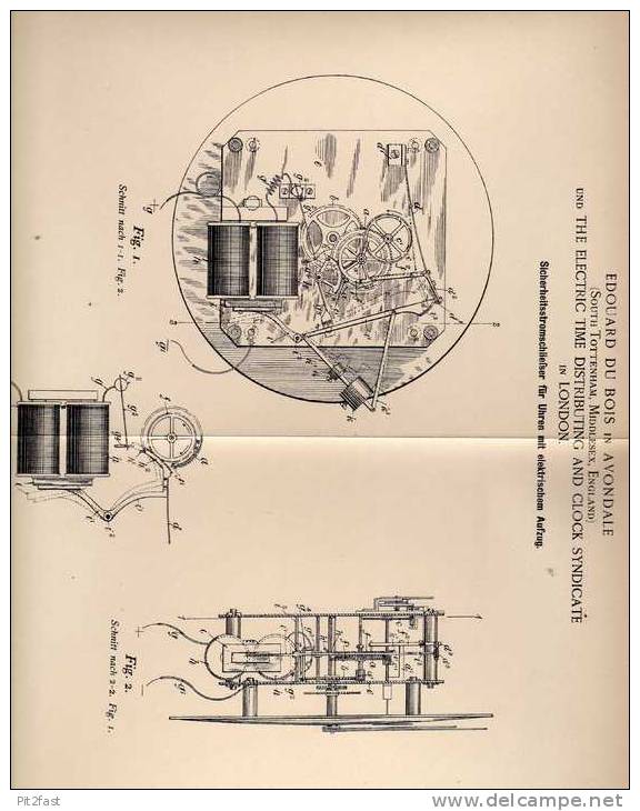 Original Patentschrift - E. Du Bois In Avondale Und London , 1894 , Uhr Mit Elektrischem Aufzug , Clock !!! - Other & Unclassified