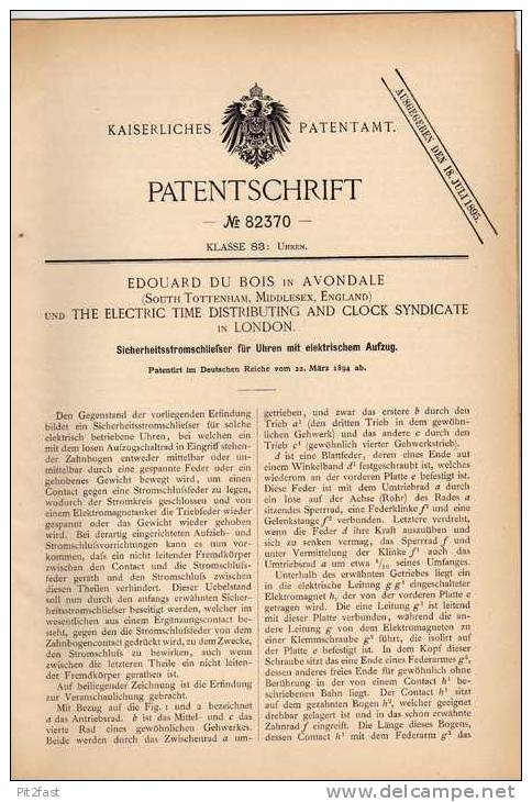 Original Patentschrift - E. Du Bois In Avondale Und London , 1894 , Uhr Mit Elektrischem Aufzug , Clock !!! - Other & Unclassified